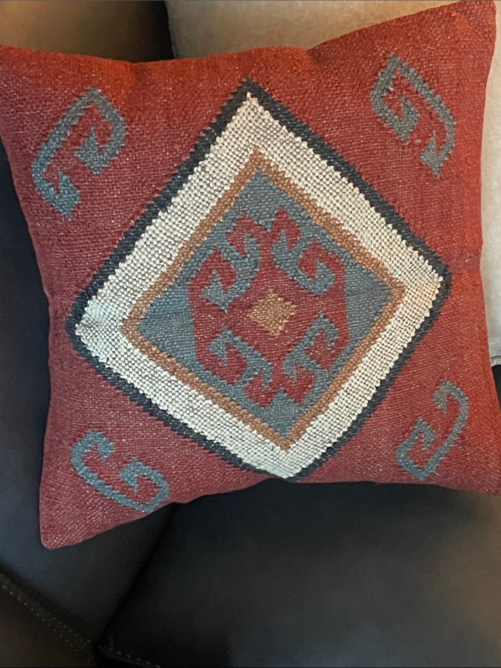 Handwoven wool kilim Geometric Red and Blue Accent Pillow